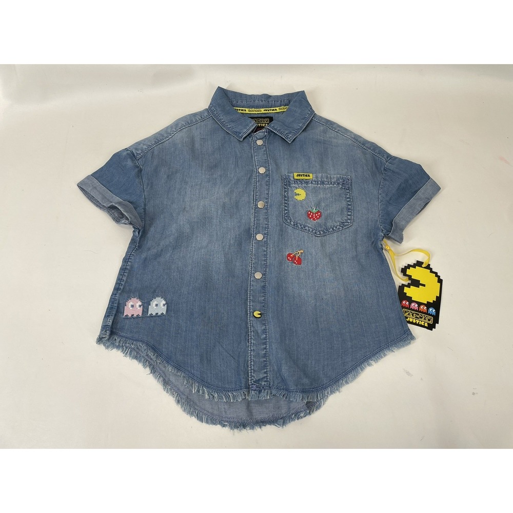Justice Girls Pacman Denim Shirt‎ Snap Closure Short Sleeve Size L Blue